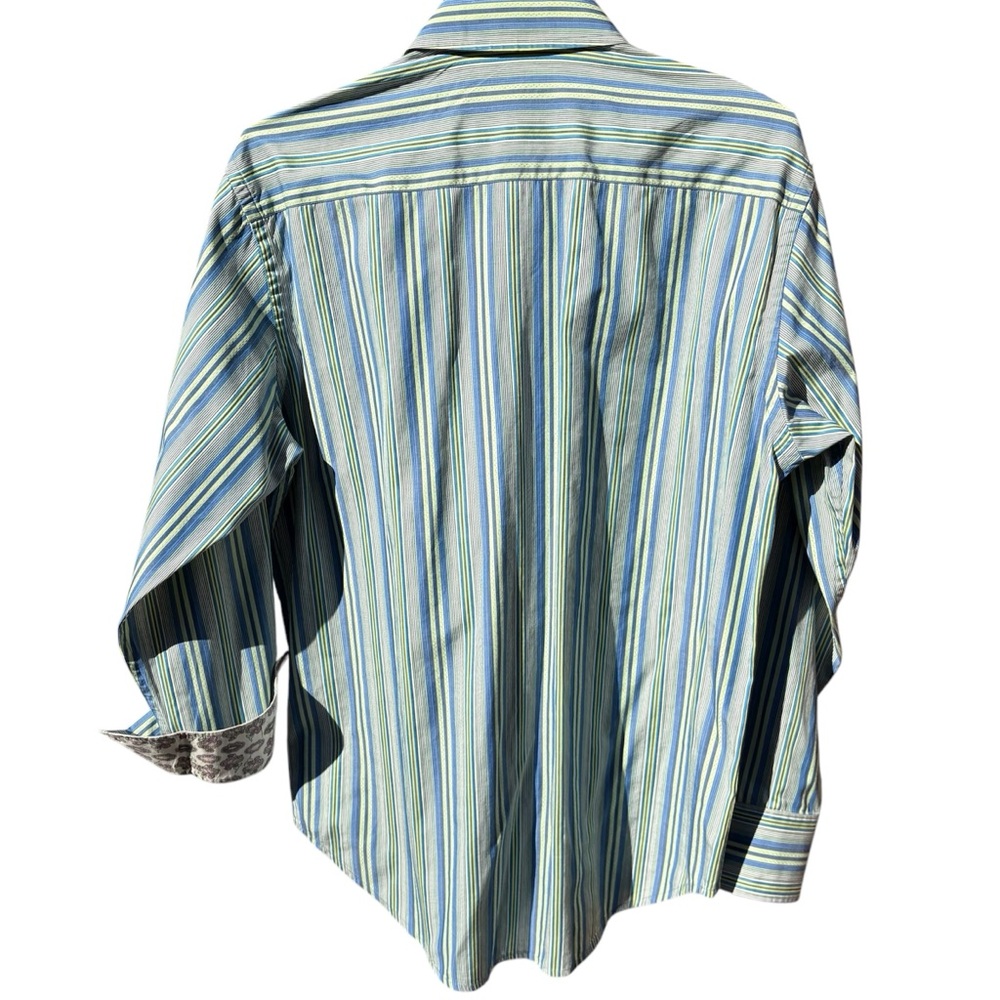 Robert Graham Blue & Green Striped Button Down Shirt Flip Cuffs w/Floral Design - Picture 2 of 12